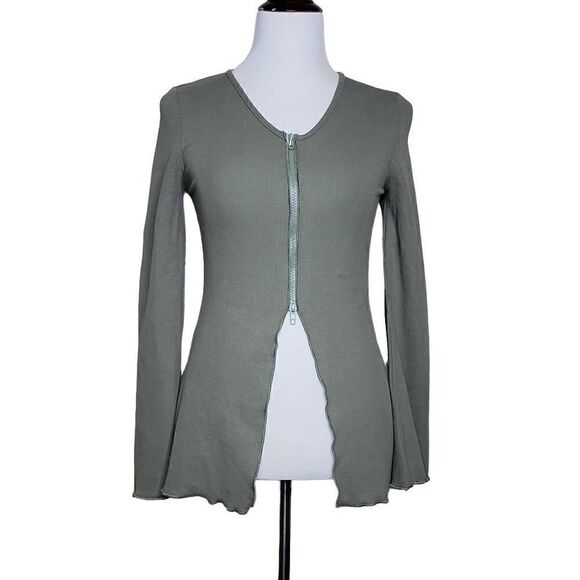 Solid V Neck Long Sleeve Zipper Split Front Knit Top Green Medium - Picture 11 of 12